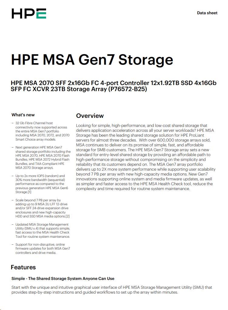 HPE MSA 2070 SFF 23TB (12x1.92TB R0Q47A,  2x16GFC4pContr,  4x16G SFPFCXCVR C8R24B) Storage Array Smart Choice3 