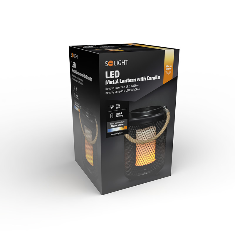 Solight kovová lucerna s LED svíčkou,  teplá bílá,  3xAA,  černá,  20cm5 