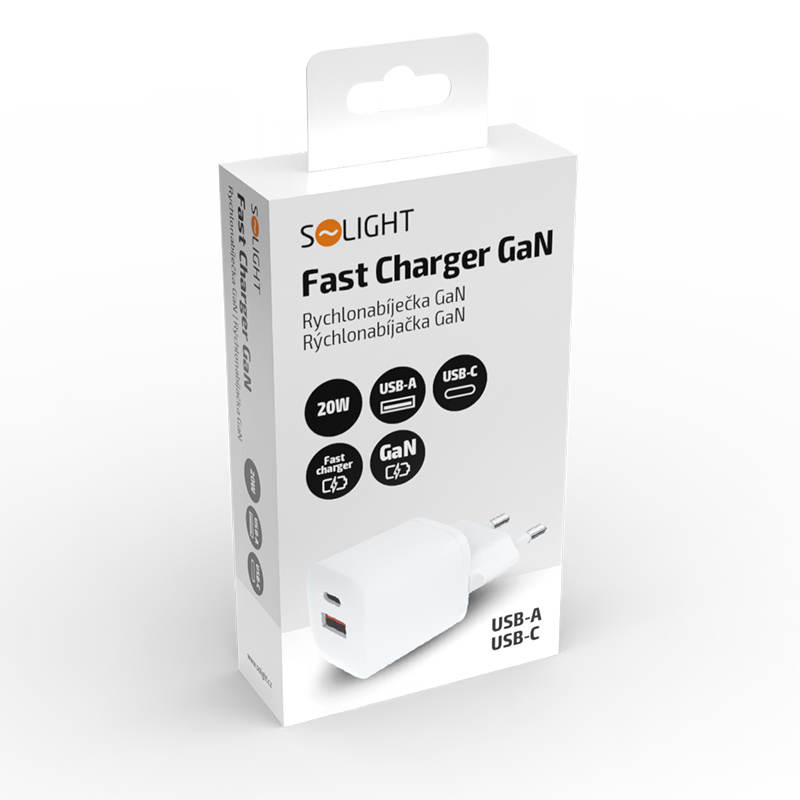 Solight USB-C + USB-A fast charger GaN 20W PD2 