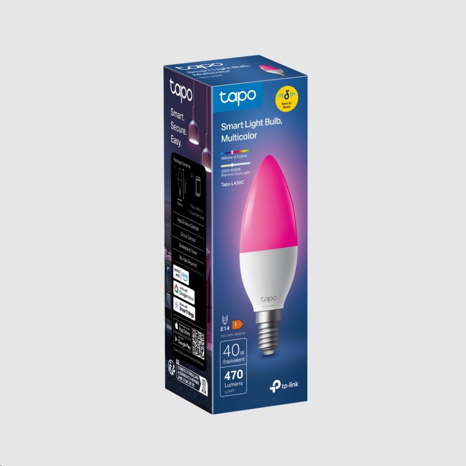 TP-Link Tapo L430C chytrá WiFi stmívatelná LED žárovka (barevná, 2500K-6500K, 470lm, 2, 4GHz, E14)2 