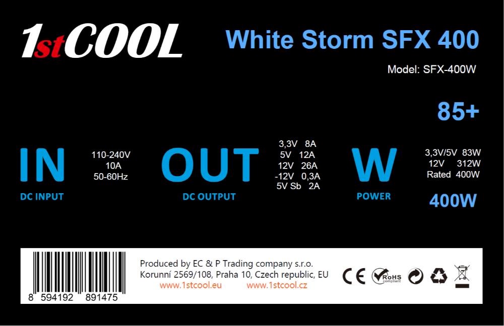 BAZAR - 1stCOOL Zdroj White Storm SFX 400 85+,  400W,  SFX,  černá - Po opravě1 