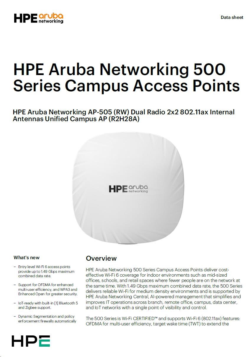 5 x HPE Aruba Networking AP-505 (RW) Dual Radio 2x2 802.11ax Internal Antennas Unified Campus AP ( 5 x R2H28A )1 