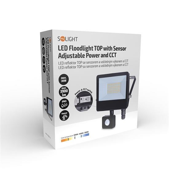 Solight LED reflektor se senzorem TOP,  30W,  max. 3900lm,  3CCT,  volitený výkon 100/ 66%,  IP65,  rychlospojka1 