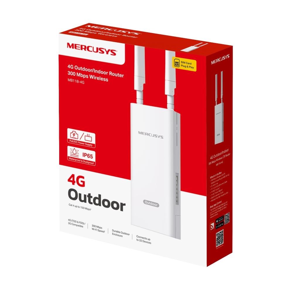 MERCUSYS MB118-4G venkovní-pout door WiFi4 router (N300,  4G LTE,  2, 4GHz,  1x100Mb/ s LAN/ WAN, 1xnanoSIM, 1xPoE-Out)2 