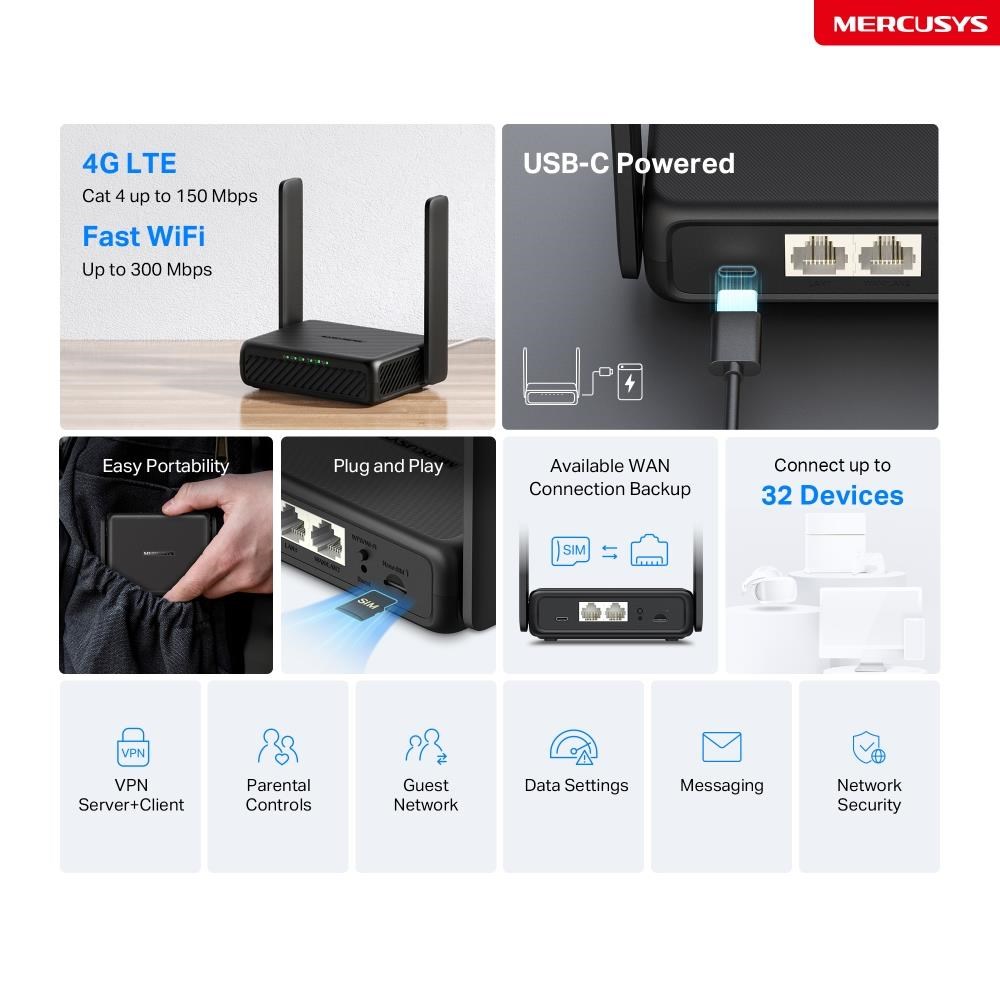 Mercusys MB113-4G WiFi4 router (N300,  4G LTE,  2, 4GHz,  1x100Mb/ s LAN/ WAN, 1x100Mb/ s LAN, 1xnanoSIM)3 
