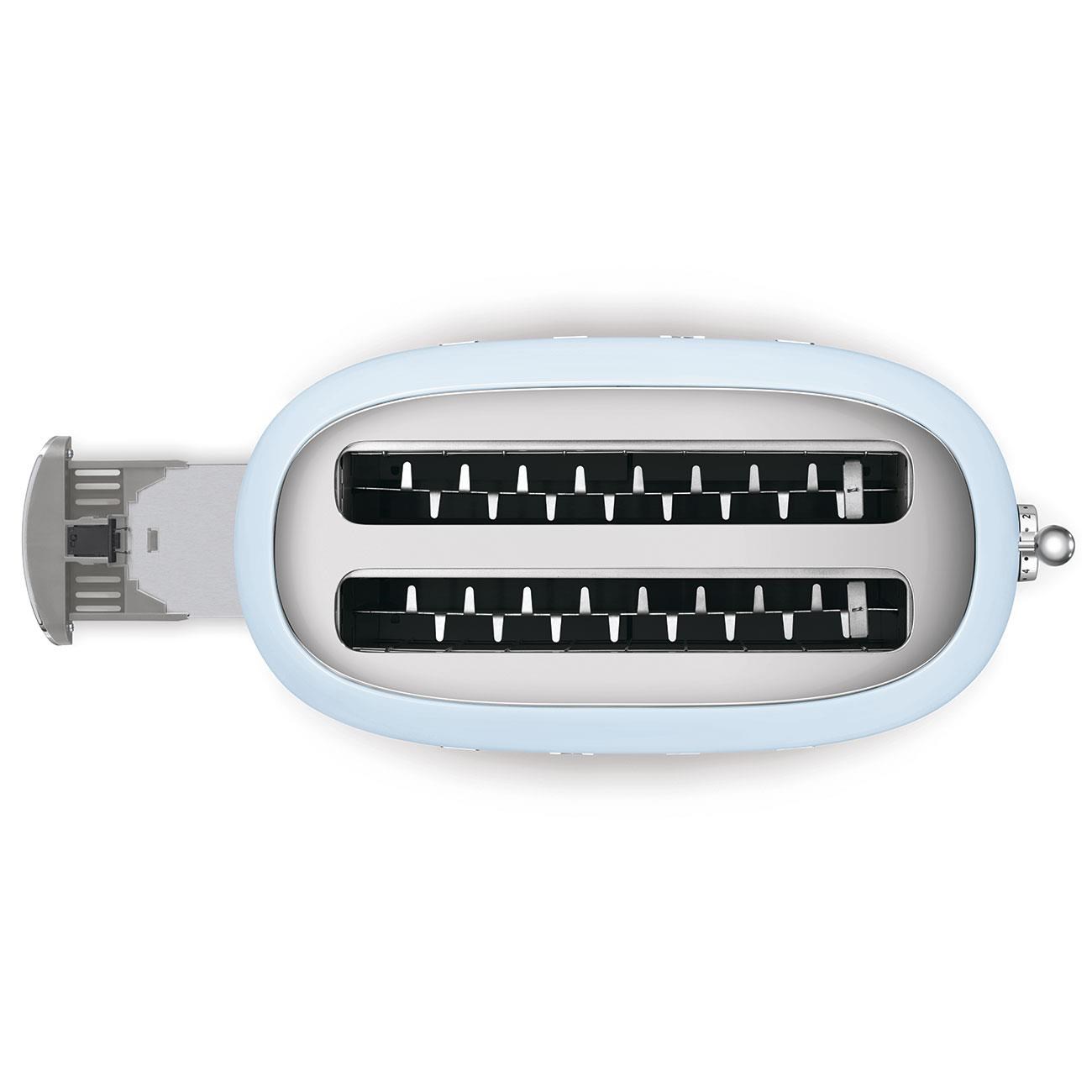 Smeg TSF02PBEU,  toustovač /  topinkovač,  4 toasty,  6 úrovní opékání,  zásuvka na drobky,  styl. 50. let,  pastelově modrý3 