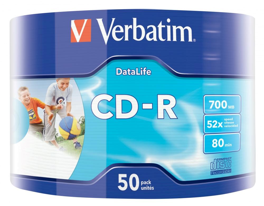 VERBATIM CD-R (50-pack)Spindle/ Extra Protection Datalife Inkjet Printable Wrap / 52x/ 700MB WRAP3 