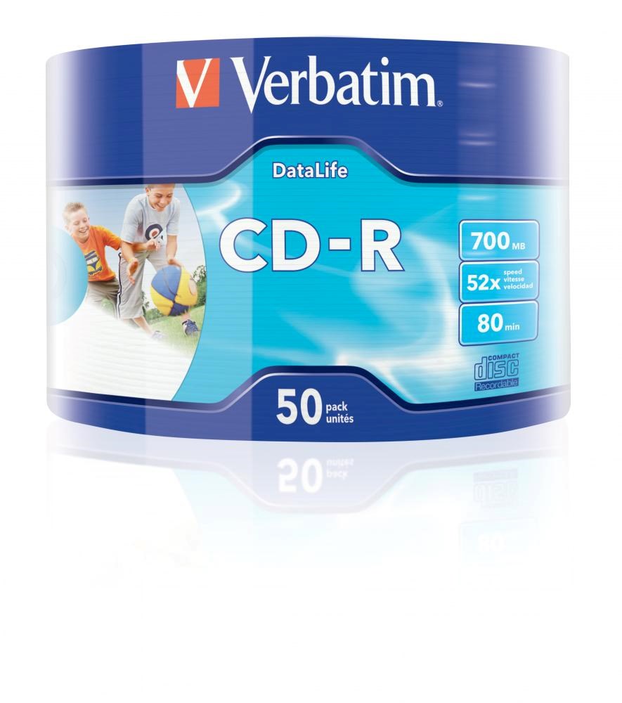 VERBATIM CD-R (50-pack)Spindle/ Extra Protection Datalife Inkjet Printable Wrap / 52x/ 700MB WRAP0 