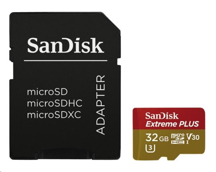 SanDisk MicroSDHC karta 32GB Extreme PLUS (R100/ W90MB/ s,  UHS-I V30,  Rescue Pro Deluxe) + adaptér0 