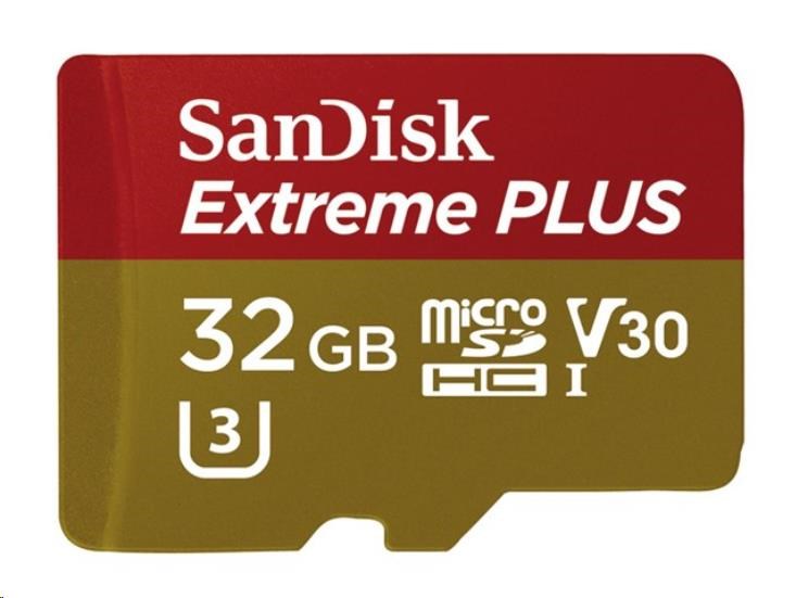 SanDisk MicroSDHC karta 32GB Extreme PLUS (R100/ W90MB/ s,  UHS-I V30,  Rescue Pro Deluxe) + adaptér2 
