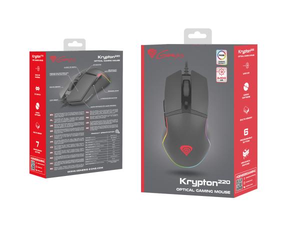 Genesis herná optická myš KRYPTON 220/ RGB/ 6400 DPI/ Herná/ Optická/ 6 000 DPI/ Drôtová USB/ Čierna1
