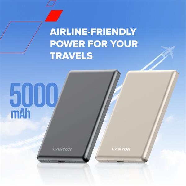 Canyon OnCharge 505, Powerbank, 5.000 mAh, in: USB-C, out: USB-C PD 20W + Wireless Magsafe 15W, ultratenká, béžová2