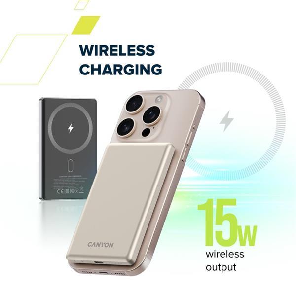 Canyon OnCharge 505, Powerbank, 5.000 mAh, in: USB-C, out: USB-C PD 20W + Wireless Magsafe 15W, ultratenká, béžová3