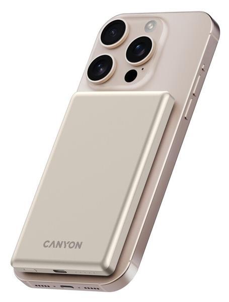 Canyon OnCharge 505, Powerbank, 5.000 mAh, in: USB-C, out: USB-C PD 20W + Wireless Magsafe 15W, ultratenká, béžová4