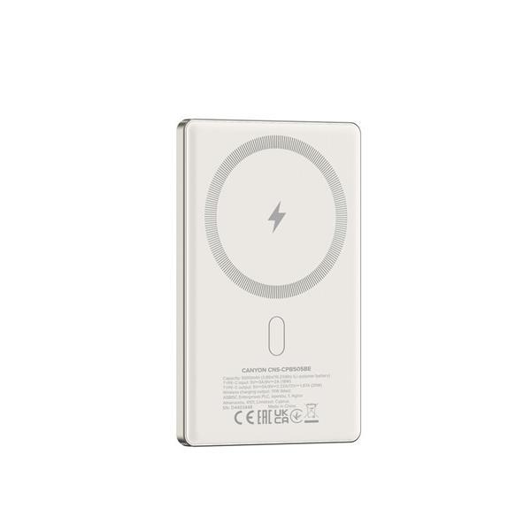 Canyon OnCharge 505, Powerbank, 5.000 mAh, in: USB-C, out: USB-C PD 20W + Wireless Magsafe 15W, ultratenká, béžová6