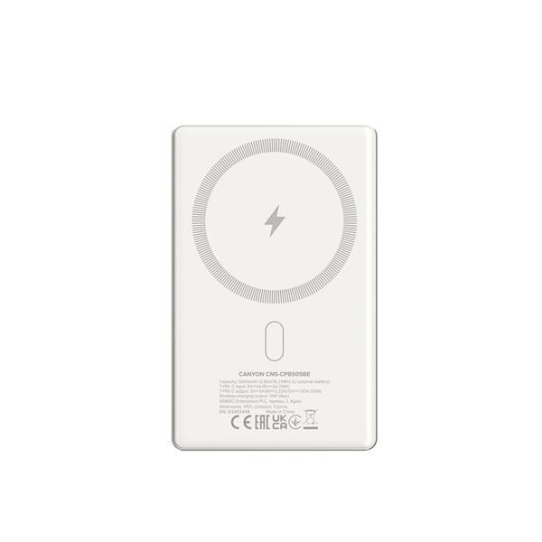 Canyon OnCharge 505, Powerbank, 5.000 mAh, in: USB-C, out: USB-C PD 20W + Wireless Magsafe 15W, ultratenká, béžová8