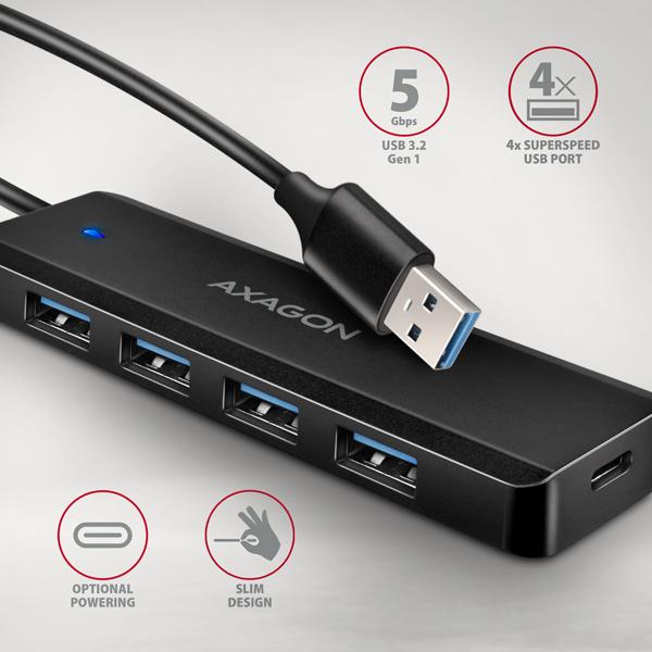 AXAGON HUE-C1A, 4x USB 5Gbps TRAVEL hub, USB-C napájací konektor, kábel USB-A 19cm1