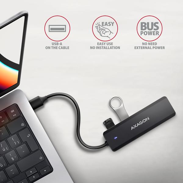 AXAGON HUE-C1A, 4x USB 5Gbps TRAVEL hub, USB-C napájací konektor, kábel USB-A 19cm3
