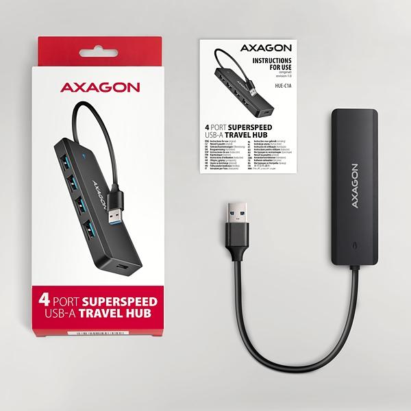 AXAGON HUE-C1A, 4x USB 5Gbps TRAVEL hub, USB-C napájací konektor, kábel USB-A 19cm6