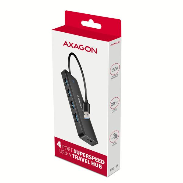 AXAGON HUE-C1A, 4x USB 5Gbps TRAVEL hub, USB-C napájací konektor, kábel USB-A 19cm7