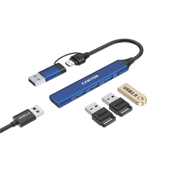 Canyon DS-02, USB-C Hub, 4 porty, 3xUSB 2.0 480Mbps, 1xUSB 3.0, 5Gbps, USB-C/USB-A adaptér, modrá2