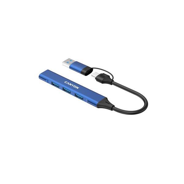 Canyon DS-02, USB-C Hub, 4 porty, 3xUSB 2.0 480Mbps, 1xUSB 3.0, 5Gbps, USB-C/USB-A adaptér, modrá3