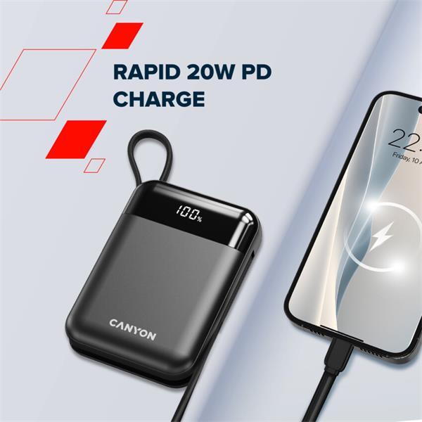Canyon OnPower 104, powerbanka 10 000 mAh, 22.5 W, USB-C / USB-A, integrované káble USB-C + Lightning, čierna2