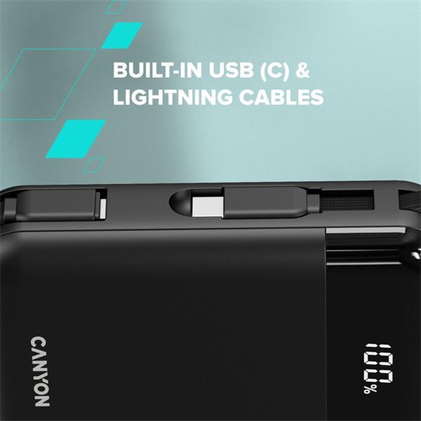 Canyon OnPower 104, powerbanka 10 000 mAh, 22.5 W, USB-C / USB-A, integrované káble USB-C + Lightning, čierna3