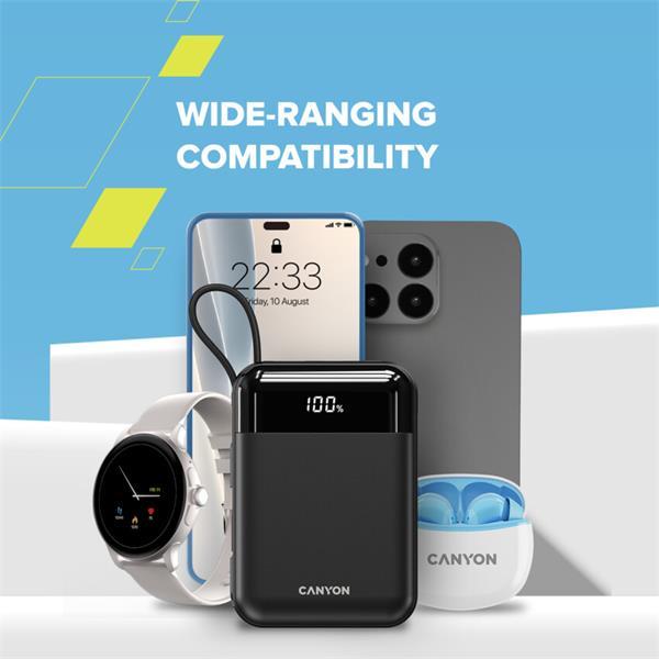 Canyon OnPower 104, powerbanka 10 000 mAh, 22.5 W, USB-C / USB-A, integrované káble USB-C + Lightning, čierna6