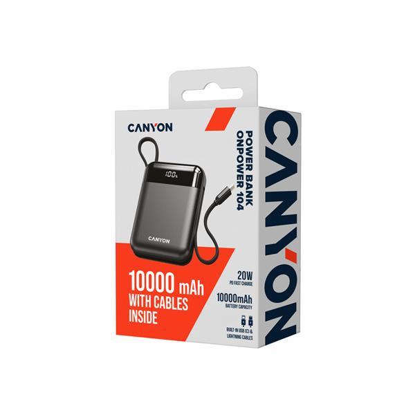 Canyon OnPower 104, powerbanka 10 000 mAh, 22.5 W, USB-C / USB-A, integrované káble USB-C + Lightning, čierna20