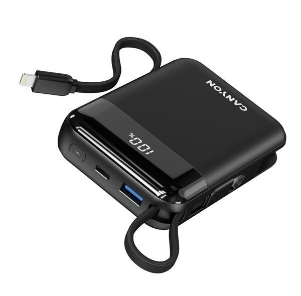 Canyon OnPower 104, powerbanka 10 000 mAh, 22.5 W, USB-C / USB-A, integrované káble USB-C + Lightning, čierna26