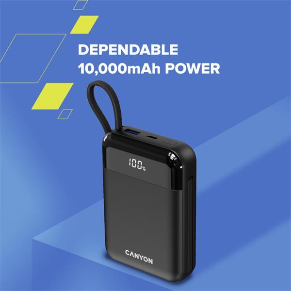 Canyon OnPower 104, powerbanka 10 000 mAh, 22.5 W, USB-C / USB-A, integrované káble USB-C + Lightning, čierna28
