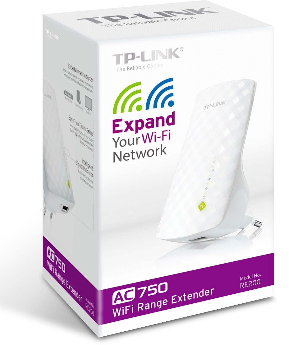 TP-Link RE200 AC750 Dual Band Wifi Range Extender/ AP, 3 interné antény, 1x10/ 100 RJ45, power schedule3 