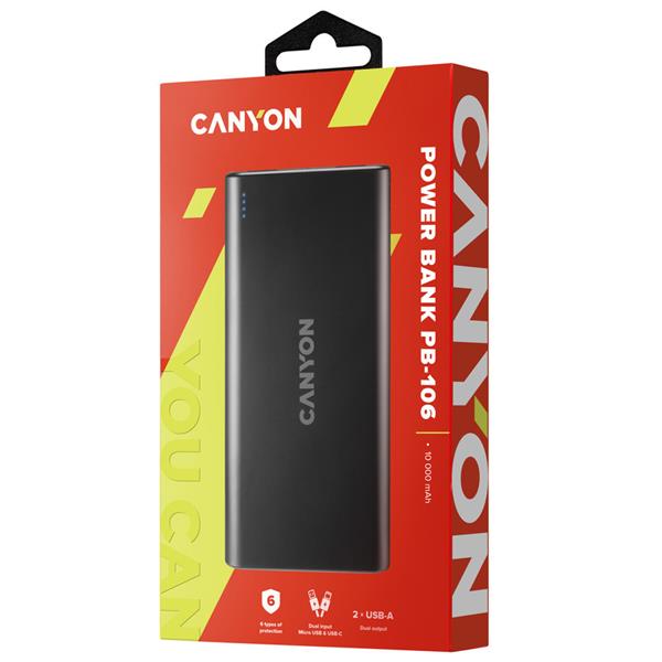 Canyon PB-106, Powerbank, Li-Pol, 10.000 mAh, Vstup: 1x Micro-USB, 1x USB-C, Výstup: 2x USB-A, čierna4 