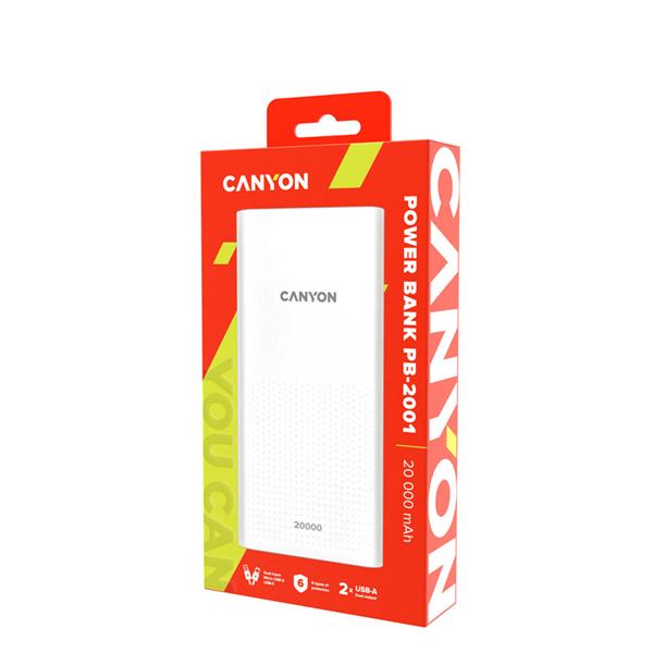 Canyon PB-2001, Powerbank, Li-Pol, 20.000 mAh, Vstup: 1x Micro-USB, 1x USB-C, Výstup: 2x USB-A, biela2 