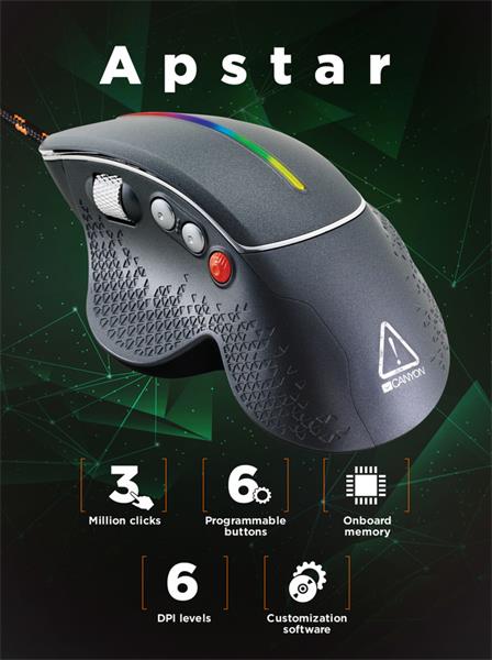 Canyon Apstar, GM-12 herná myš, drôtová, optická, 800-6400 dpi, 6 program. tlač, bočné scroll, LED podsv.5 