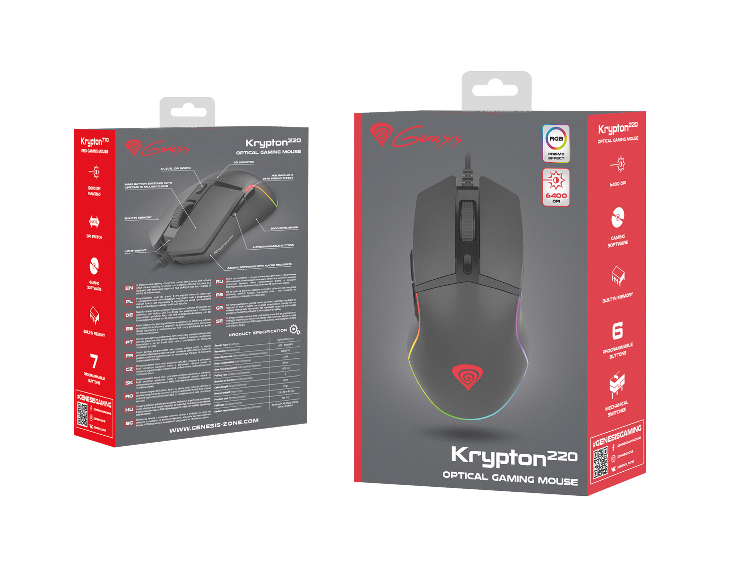 Genesis herná optická myš KRYPTON 220/ RGB/ 6400 DPI/ Herná/ Optická/ 6 000 DPI/ Drôtová USB/ Čierna1 