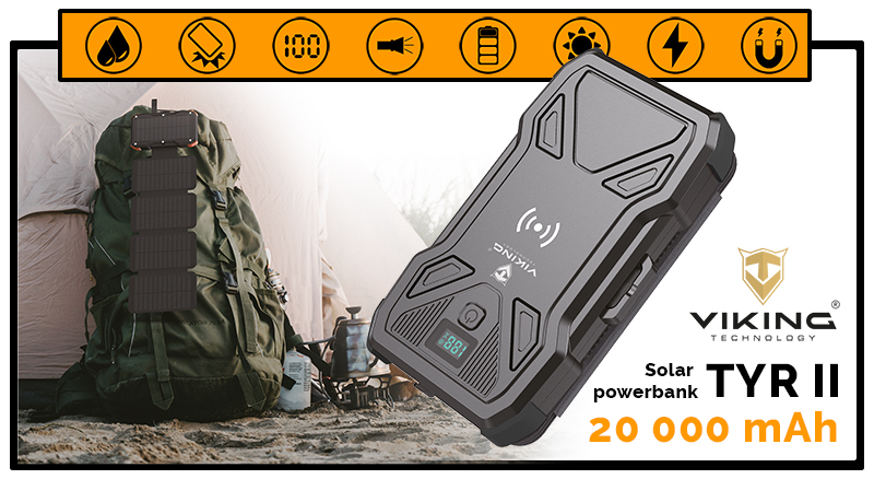 Solárna powerbanka VIKING TYR II/ Output: 1xUSB-C, 2xUSB-A/ Wireless charge 15W max/ 20000mAh/ LED svetlo1 