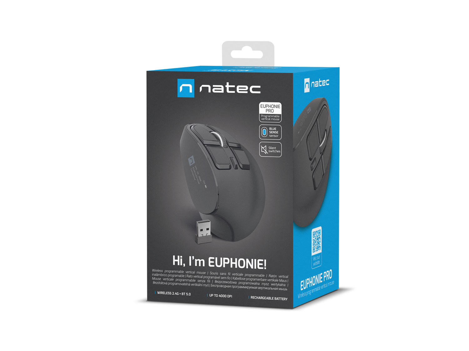 Vertikálna bezdrôtová myš Natec EUPHONIE PRO/ Vertikálna/ Blue Sense/ Pre pravákov/ 2 400 DPI/ USB+BT/ Čier8 