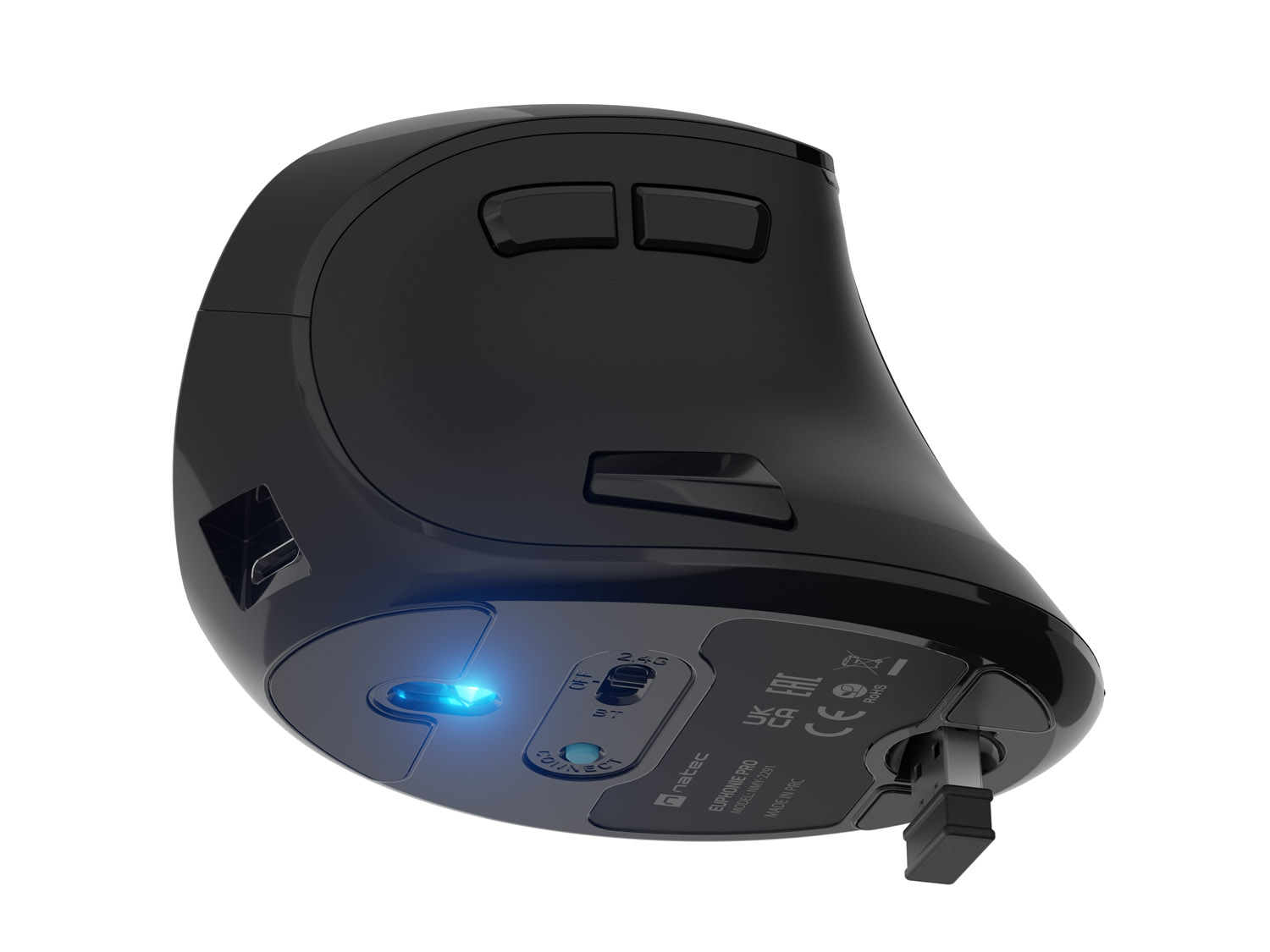 Vertikálna bezdrôtová myš Natec EUPHONIE PRO/ Vertikálna/ Blue Sense/ Pre pravákov/ 2 400 DPI/ USB+BT/ Čier1 