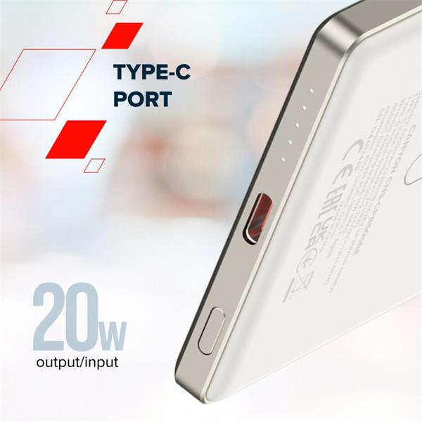 Canyon OnCharge 505, Powerbank, 5.000 mAh, in: USB-C, out: USB-C PD 20W + Wireless Magsafe 15W, ultratenká, béžová1 