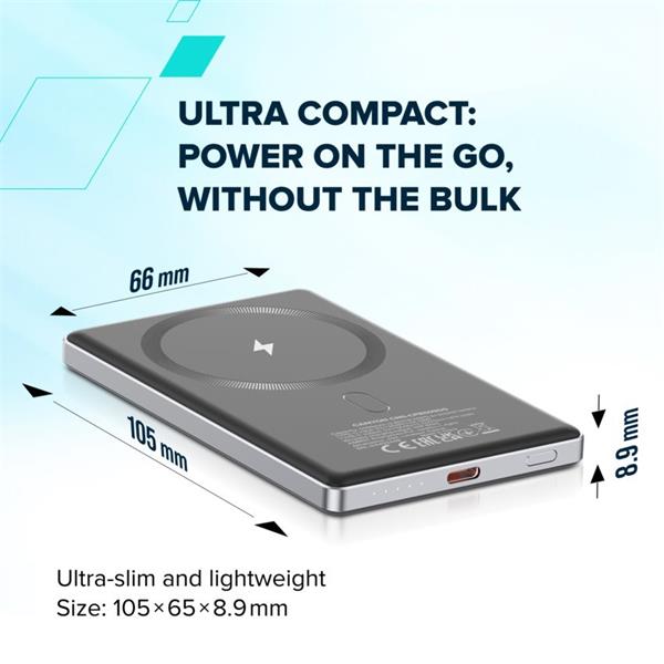 Canyon OnCharge 505, Powerbank, 5.000 mAh, in: USB-C, out: USB-C PD 20W + Wireless Magsafe 15W, ultratenká, béžová11 