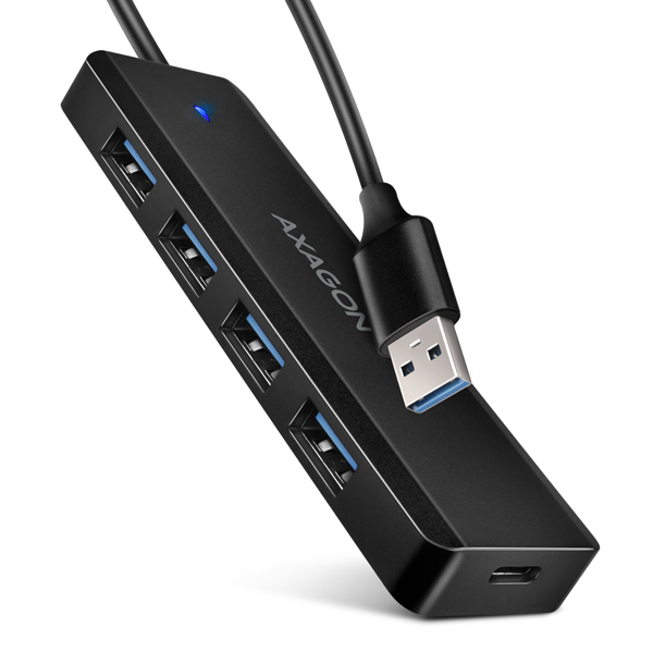 AXAGON HUE-C1A, 4x USB 5Gbps TRAVEL hub, USB-C napájací konektor, kábel USB-A 19cm0 