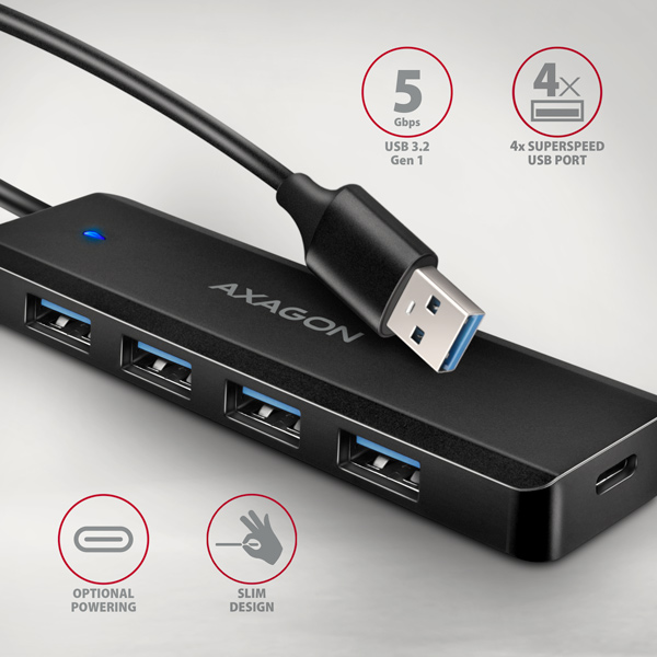 AXAGON HUE-C1A, 4x USB 5Gbps TRAVEL hub, USB-C napájací konektor, kábel USB-A 19cm1 