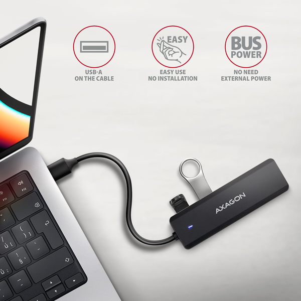 AXAGON HUE-C1A, 4x USB 5Gbps TRAVEL hub, USB-C napájací konektor, kábel USB-A 19cm3 