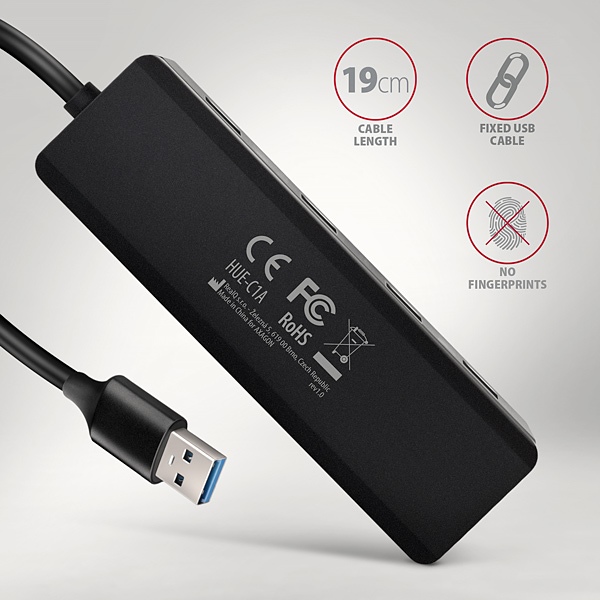 AXAGON HUE-C1A, 4x USB 5Gbps TRAVEL hub, USB-C napájací konektor, kábel USB-A 19cm5 