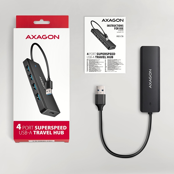 AXAGON HUE-C1A, 4x USB 5Gbps TRAVEL hub, USB-C napájací konektor, kábel USB-A 19cm6 
