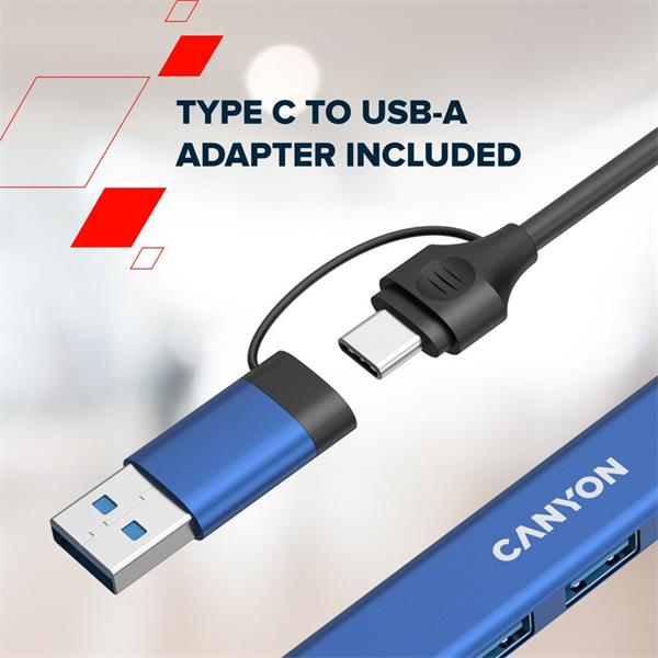 Canyon DS-02, USB-C Hub, 4 porty, 3xUSB 2.0 480Mbps, 1xUSB 3.0, 5Gbps, USB-C/USB-A adaptér, modrá9 
