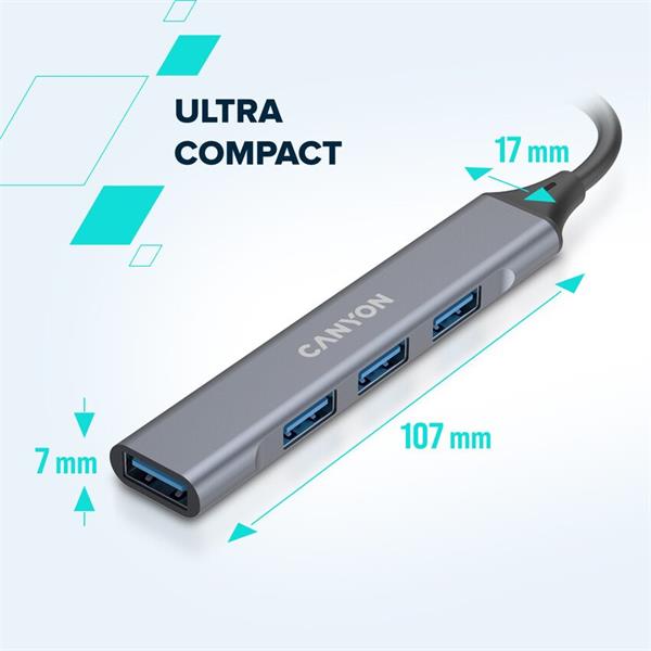 Canyon DS-02, USB-C Hub, 4 porty, 3xUSB 2.0 480Mbps, 1xUSB 3.0, 5Gbps, USB-C/USB-A adaptér, modrá5 
