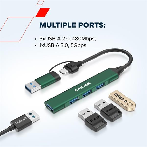 Canyon DS-02, USB-C Hub, 4 porty, 3xUSB 2.0 480Mbps, 1xUSB 3.0, 5Gbps, USB-C/USB-A adaptér, modrá8 